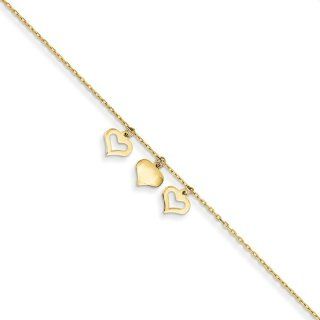 14k 3 Hearts W/1 Inch Extension Anklet Jewelry