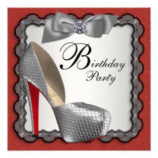 Red Black & Silver High Heel Shoe Birthday Party Custom Invitation