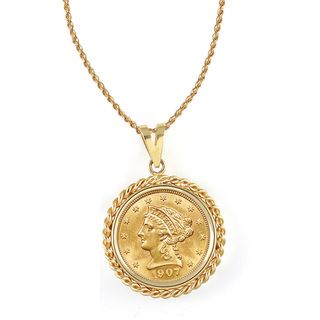 American Coin Treasures 14k Gold $2.50 Liberty Gold Piece Quarter Eagle Coin Rope Bezel Pendant Necklace Gold Necklaces