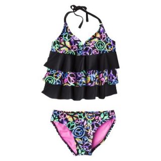 Girls 2 Piece Ruffled Peace Sign Tankini Swimsuit Set   Multi   Black L