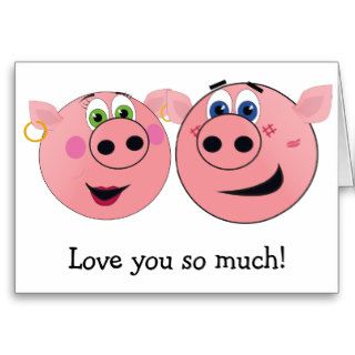 Two Funny Cartoon Pigs in Love Greeting Card