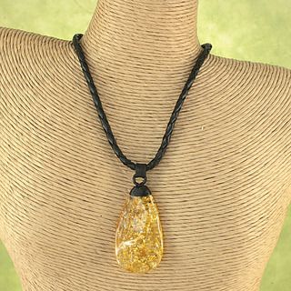 Hand tied Lemon Baltic Amber Wave Leather Cord Necklace ( Lithuania) Necklaces