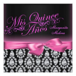Black/Pink Diamond & Bow Quinceanera Invitation