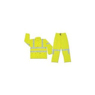 Fluorescent Lime Luminator 0.4 mm Polyurethane/PVC/Cotton Class III Flame Resistant Rain Suit With, Roll Up Hood, Expandable Ankle Gussets, Elastic Inner Cuff In Jacket Sleeves, 2 Front Patch Pockets And 3M Reflective Stripes Protective Work Jackets Indu