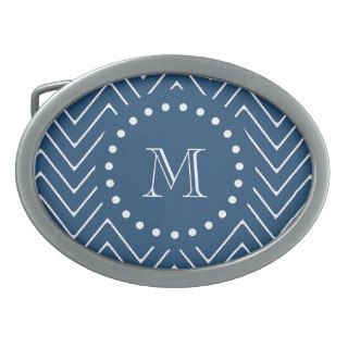 Navy Blue and White Chevron Pattern, Your Monogram Oval Belt Buckle