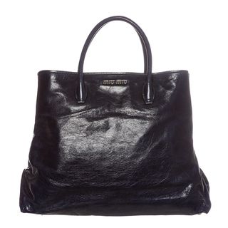 Miu Miu Dark Blue Cracked Glossed Leather Tote Miu Miu Designer Handbags