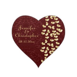 Elegant wedding Gold love hearts and red damask Heart Stickers