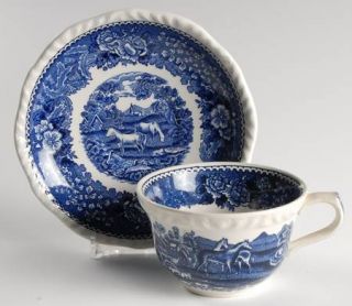 Adams China English Scenic Blue Flat Cup & Saucer Set, Fine China Dinnerware   B