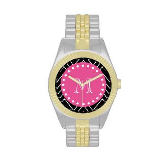 Hot Pink, Black and White Chevron  Your Monogram Watches