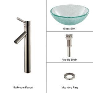 KRAUS Glass Bathroom Sink in Broken with Single Hole 1 Handle Low Arc Sheven Faucet in Satin Nickel C GV 500 14 12mm 1002SN