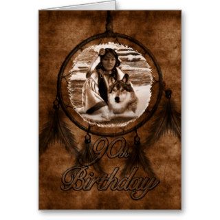 90th Birthday Native American Wolf and Dreamcatche Cards