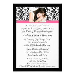 Quinceanera Fushcia Damask Pink and Black Personalized Invite