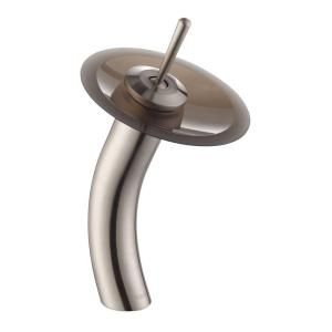 KRAUS Single Hole 1 Handle Low Arc Vessel Glass Waterfall Faucet in Satin Nickel with Glass Disk in Frosted Brown KGW 1700SN BRFR