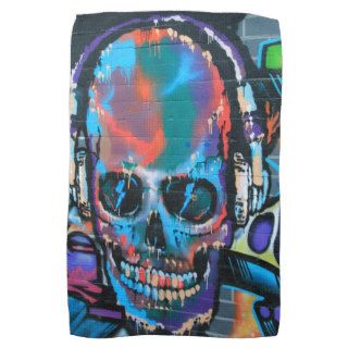 Skull, blue music Graffiti street art, urban goth Hand Towel