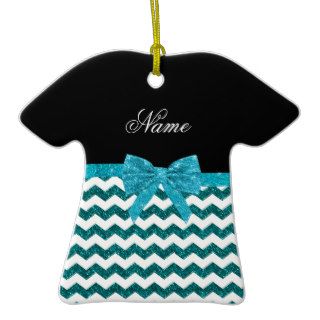 Personalized name turquoise glitter chevrons bow ornament