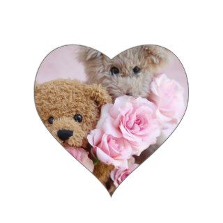 two teddy bears holding roses heart stickers