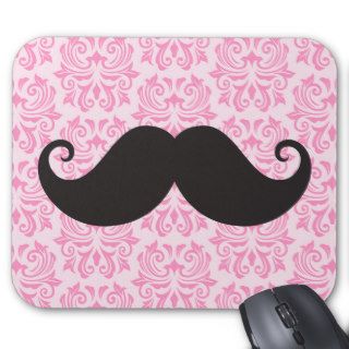 Black handlebar mustache on pink damask pattern mouse pad