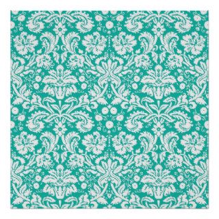 Aqua Turquoise Teal damask pattern Posters
