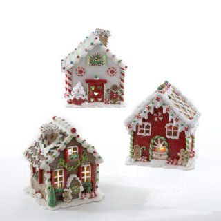 Gingerbread White And Red Led House Table Piece Set Of 3   Christmas Decor