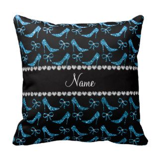 Personalized name sky blue glitter high heels bow throw pillows