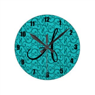Monogram turquoise swirls round wall clocks