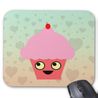 Sweet Kawaii Cupcake on a Hearts Background Mousepads