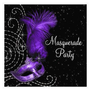 Elegant Black and Purple  Masquerade Party Custom Invitation