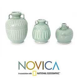 Set of 3 'Sawankhalok Meadows' Celadon Ceramic Vases (Thailand) Novica Vases