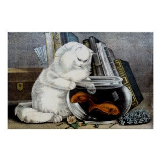 Vintage White Cat Gone Fishing Art Poster