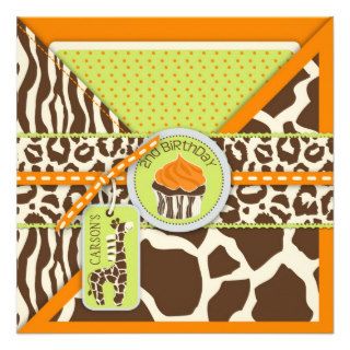 Orange Safari Giraffe & Cupcake Second Birthday Custom Invites