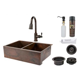33 inch Hammered Copper 50/50 Double Basin Sink and Faucet Package Sink & Faucet Sets