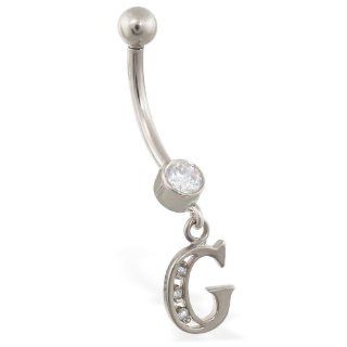 14K Solid White Gold Belly Ring With Dangling Block Initial G Body Piercing Rings Jewelry