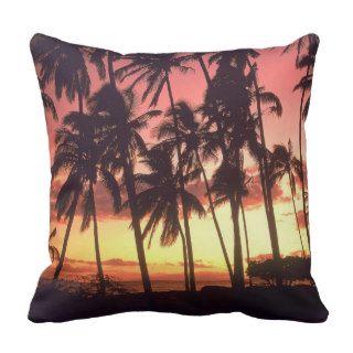 Pink Orange Sunset Tropical Island Landscape Throw Pillows