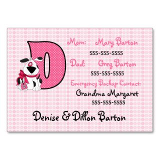 Child's Emergency Information Cards Letter D Business Card Template