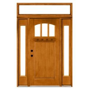 Steves & Sons Craftsman 3 Lite Arch Stained Mahogany Wood Right Hand Entry Door with Sidelites and Transom 4 in. Wall M4151 1210 AW 4RH