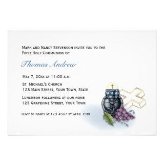 Blue Chalice, Cross, Grapes Communion Invitation