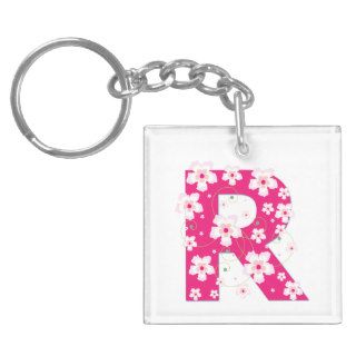 Monogram initial letter R pink hibiscus flowers Square Acrylic Key Chains