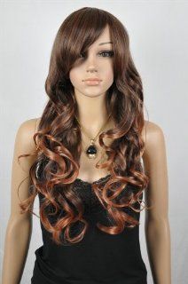 2013 Fashion Long Brown Curly Similar Human Hair Full Synthetic Wigs + Wig Cap  Hair Extensions  Beauty