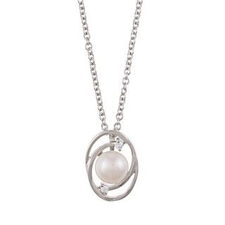 Kabella Sterling Silver White Pearl and Cubic Zirconia Spiral Necklace (7 8mm) Kabella Jewelry Pearl Necklaces