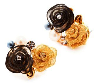 Versatile Resin Rose Stud Earrings Rhinestone Fake Pearls French Back Black and Orange Vacuum Ion Plating Jewelry