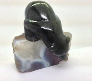 New Carved Jade Bear on Ledge " Fishing " Figurine 2.5" Marble Natural Base  Other Products  