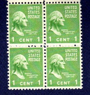 Postage Stamps United States. Scott #804 Block of Four 1 Cent Green George Washington Presidential Issue Stamps Dated 1938 54.  Collectible Postage Stamps  