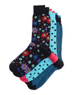 Three Pair Sock Set, Flower/Polka Dot/Houndstooth