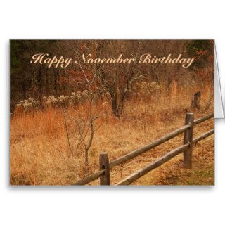 November Birthday, fall scene with wooden fence Cards