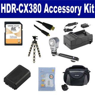 Sony HDR CX380 Camcorder Accessory Kit includes SDNPFV50NEW Battery, SDM 109 Charger, SDC 26 Case, HDMI6FMC AV & HDMI Cable, ZELCKSG Care & Cleaning, ZE VLK18 On Camera Lighting, GP 22 Tripod, SD32GB Memory Card  Digital Camera Accessory Kits  C