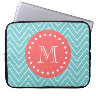 Teal and Coral Chevron with Custom Monogram Computer Sleeve