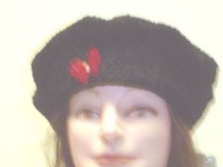 B122br, Hand Crocheted Black Chenille Gimp Tweed Beret with One Red Rhinestone Butterfly