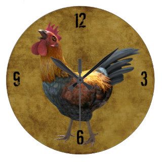 Farm Chicken Rooster Rustic Country Barnyard Style Round Wallclocks