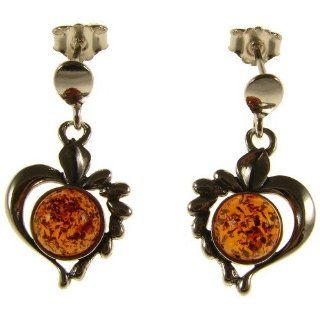 BALTIC AMBER AND STERLING SILVER 925 DESIGNER COGNAC HEART EARRINGS JEWELLERY JEWELRY E129 Dangle Earrings Jewelry