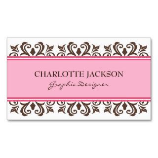 Chic pink, white and brown damask profile cards business card templates